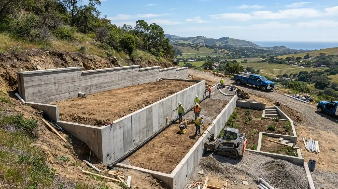 Concrete retaining wall installation on a residential hillside property