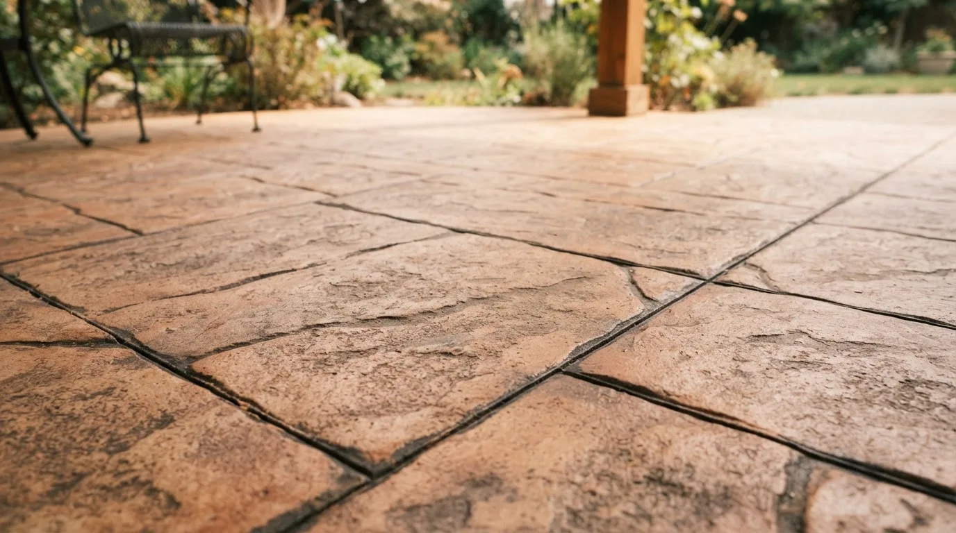 Close-up of decorative stamped concrete patio surface with textured pattern