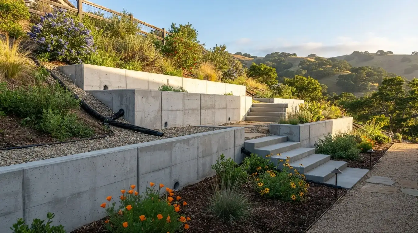 Clean concrete retaining wall installation on a residential property