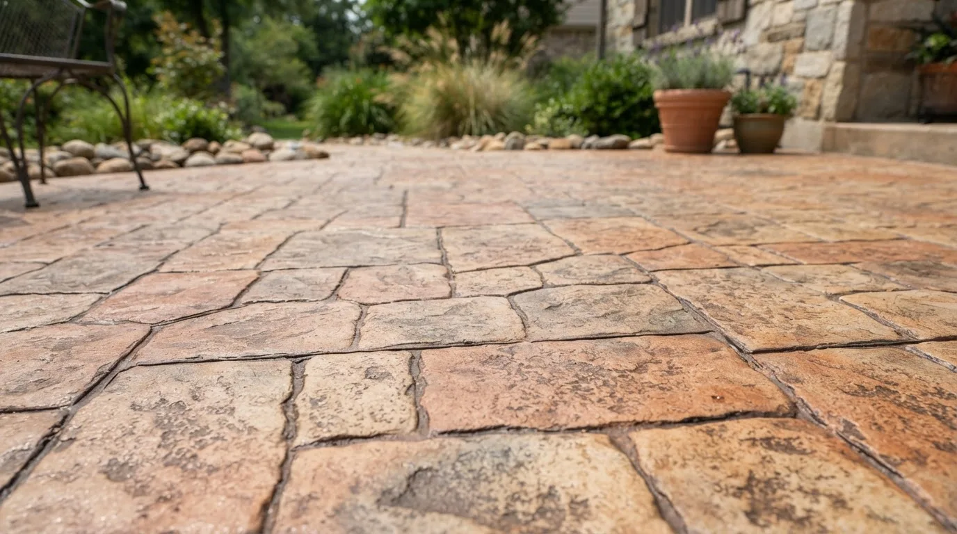 Close-up of decorative stamped concrete with visible texture and pattern