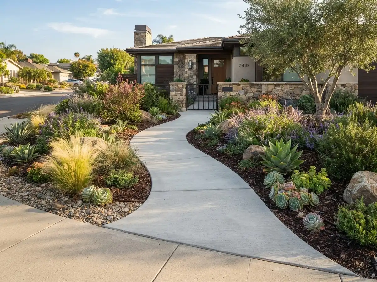 Concrete walkway connecting a driveway to a home entrance