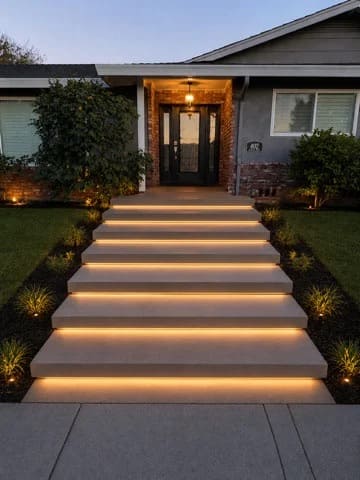 Floating concrete front entrance steps with integrated warm LED tread lighting at dusk