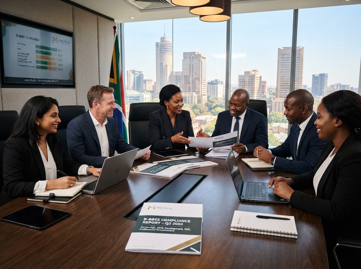 Malfin SA business advisory team discussing strategy in a boardroom