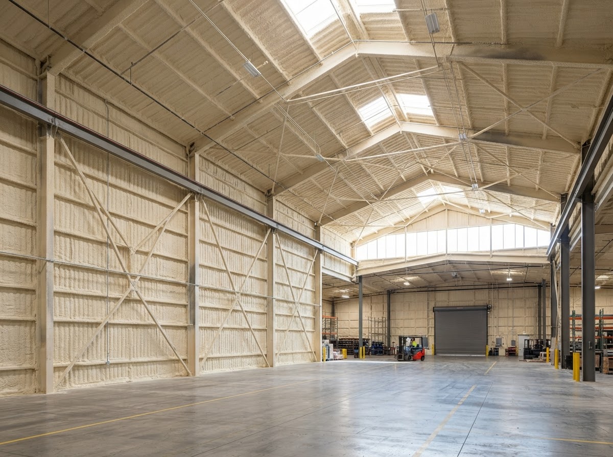 Closed-cell spray foam applied to the interior of metal building panels and purlins