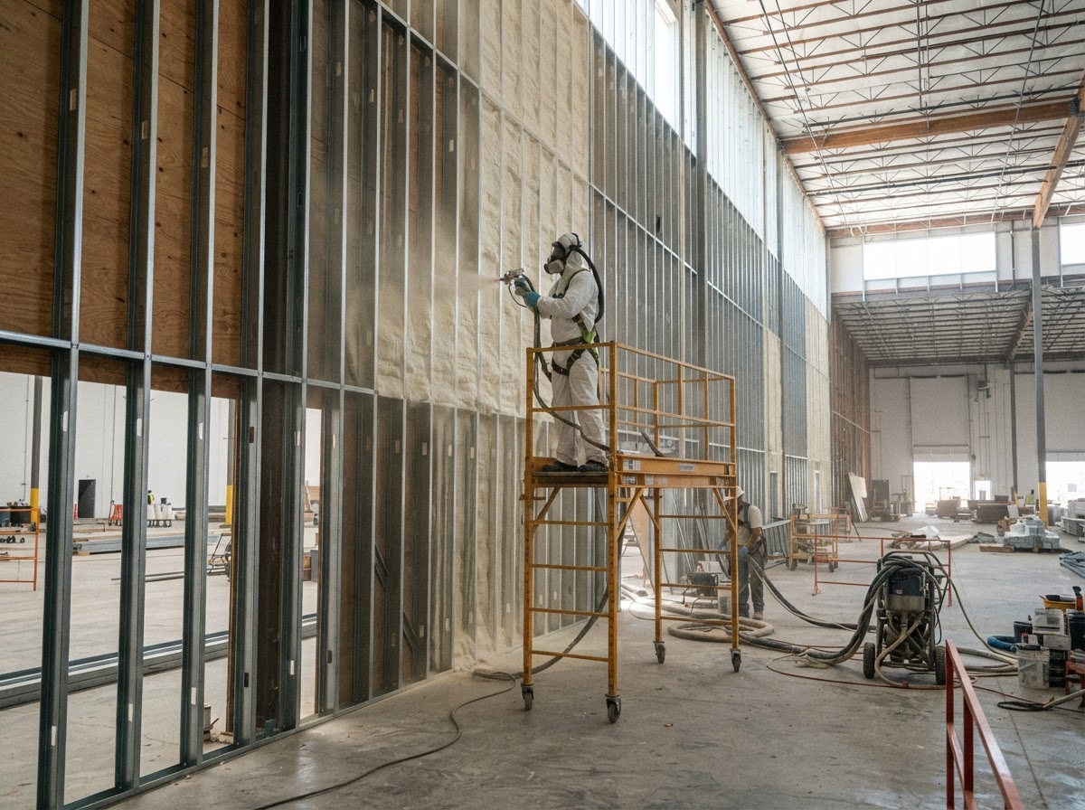 Commercial spray foam insulation applied to a large commercial building wall assembly