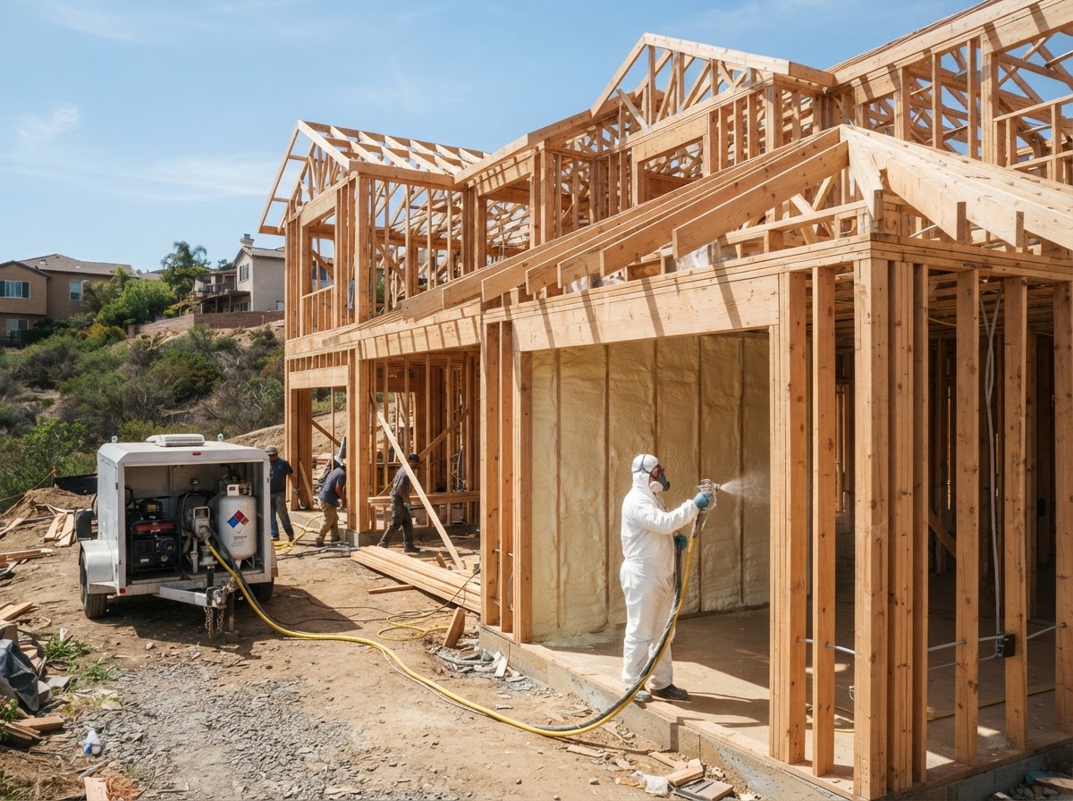 Spray foam insulation applied to wall and roof assemblies of a new-construction home