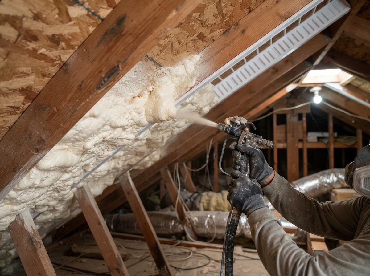 Spray foam insulation applied to the underside of a roof deck in a Hemet attic