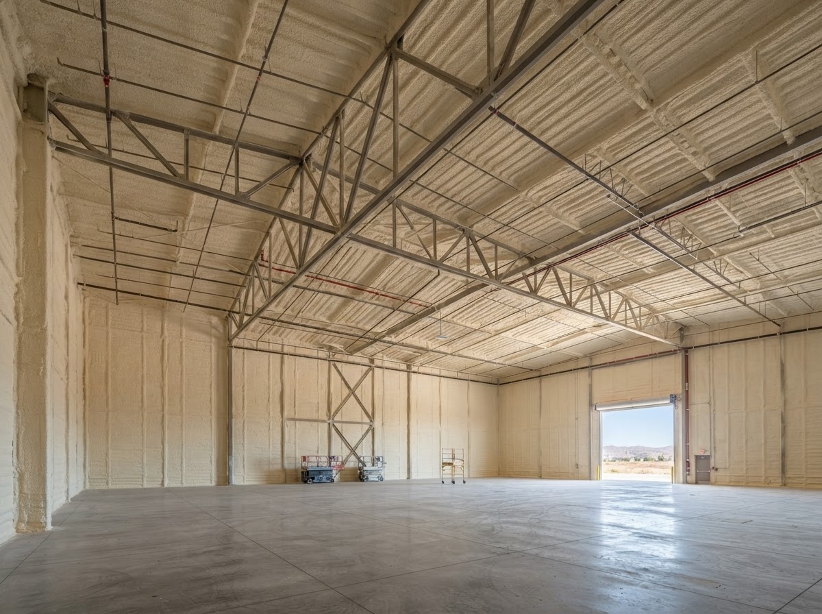 Spray foam insulation applied to tall warehouse wall and roof assemblies