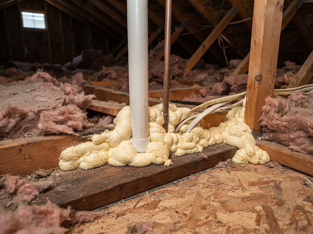 Air sealing with spray foam around attic penetrations and top plates