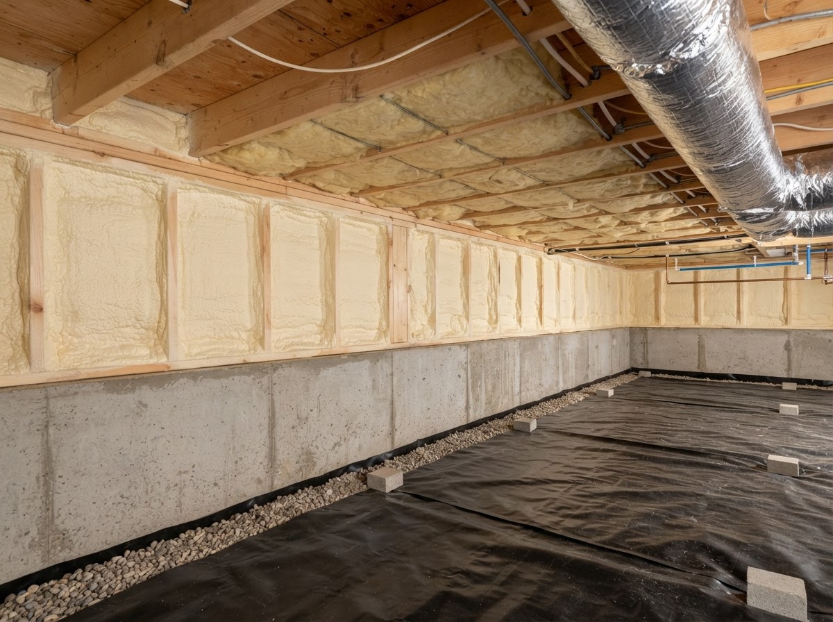 Spray foam insulation applied to rim joists and sill plates in a residential crawl space
