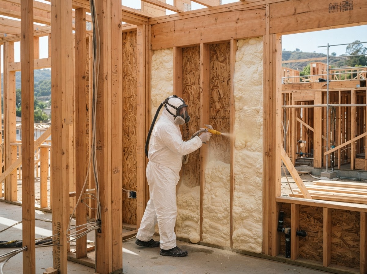 Spray foam insulation applied into exterior wall stud bays of open-framing construction
