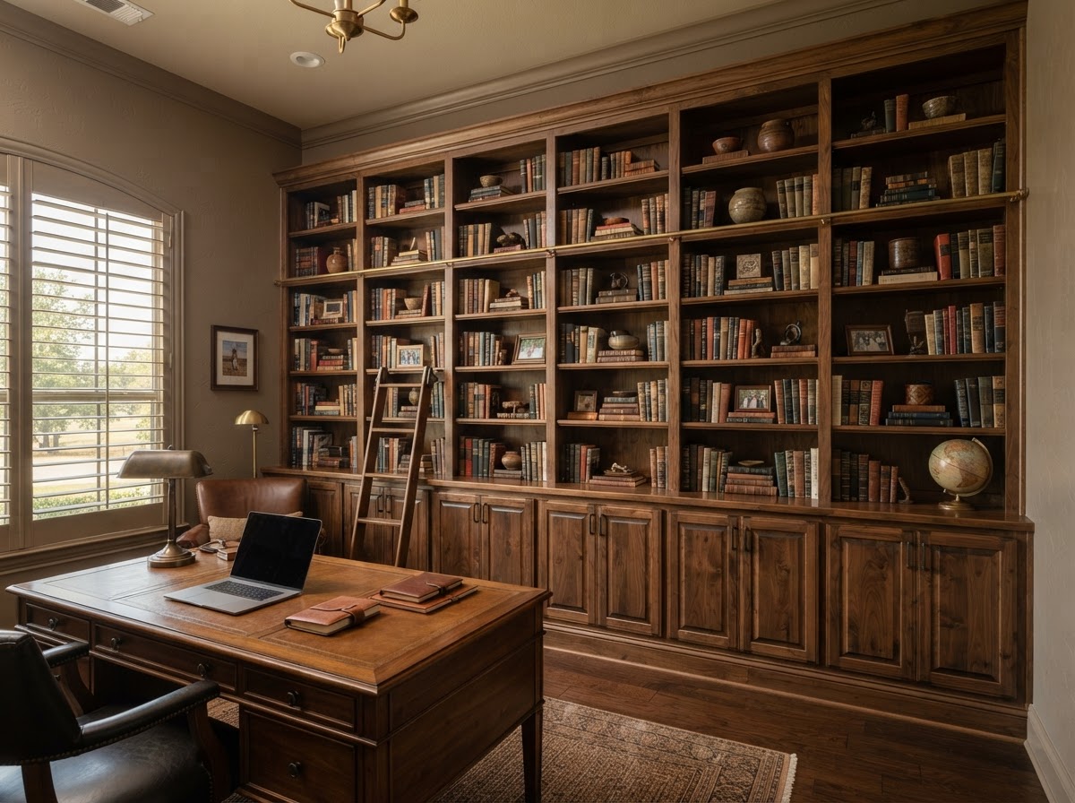 custom wall-to-wall bookcases in a Sachse TX home office