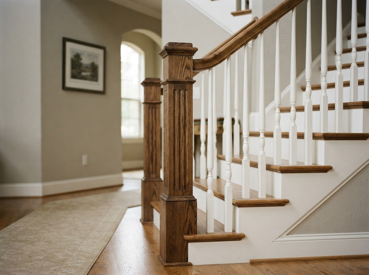 handrail and newel installation in Sachse TX