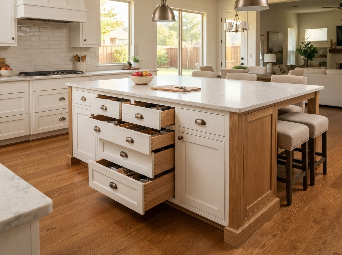 custom kitchen island with drawer banks in Sachse TX