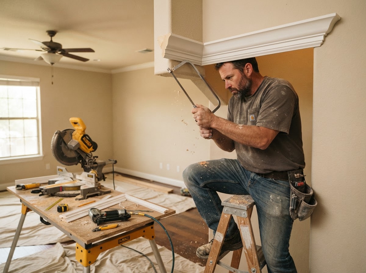 finish carpenter performing detailed woodwork in Sachse TX