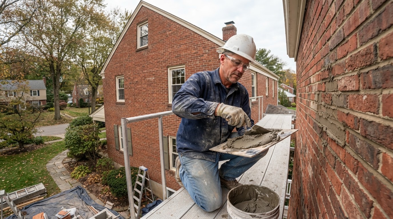 Mason repairing brick masonry in Penn Hills PA