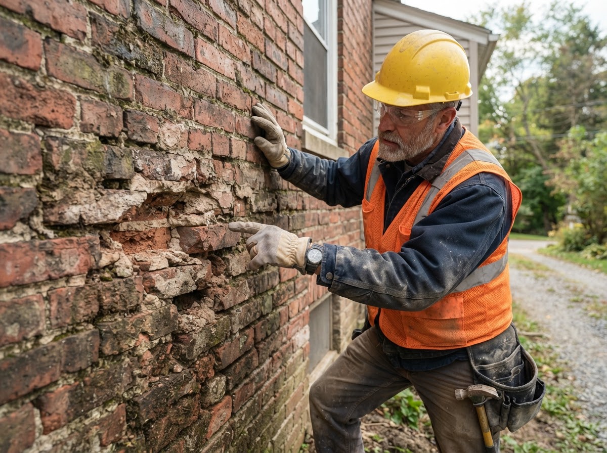 Penn Hills masonry contractor inspecting brick and mortar joints