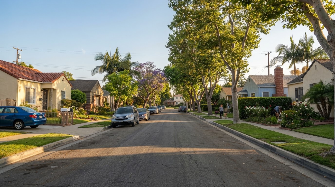 Established residential streetscape representative of Norwalk, California