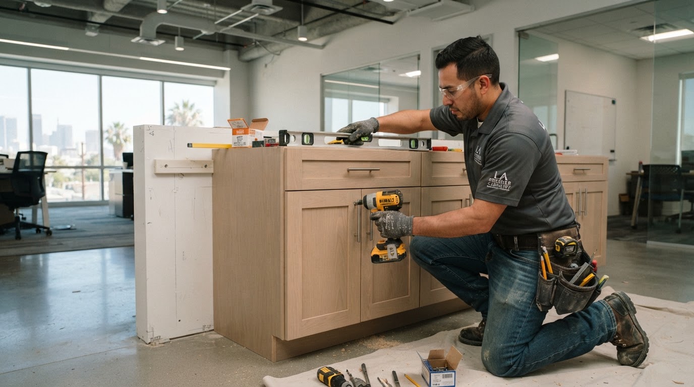 Carpenter anchoring commercial base cabinets to a wall with cabinet screws and a level