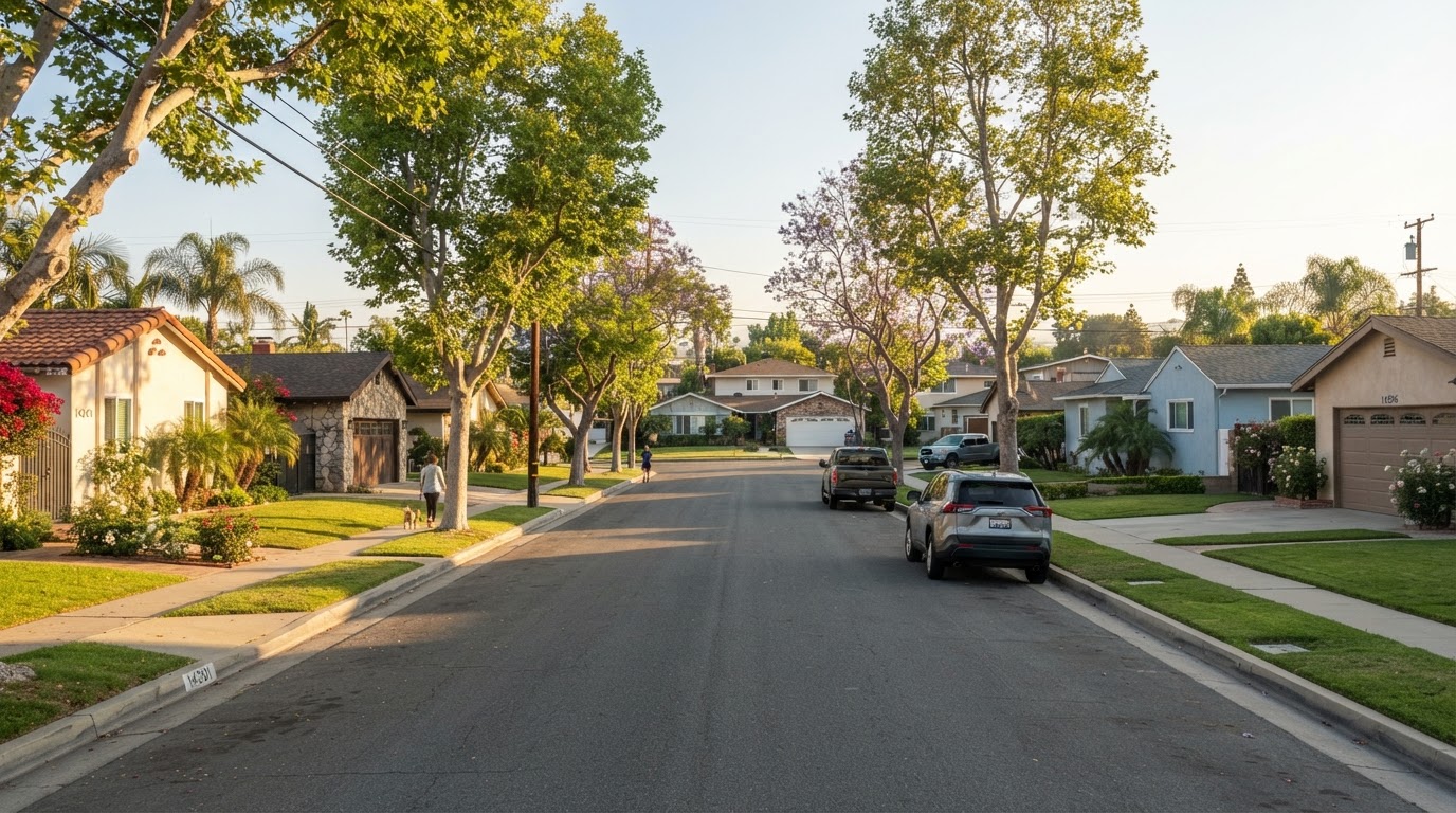 Suburban residential streetscape representative of La Mirada, California