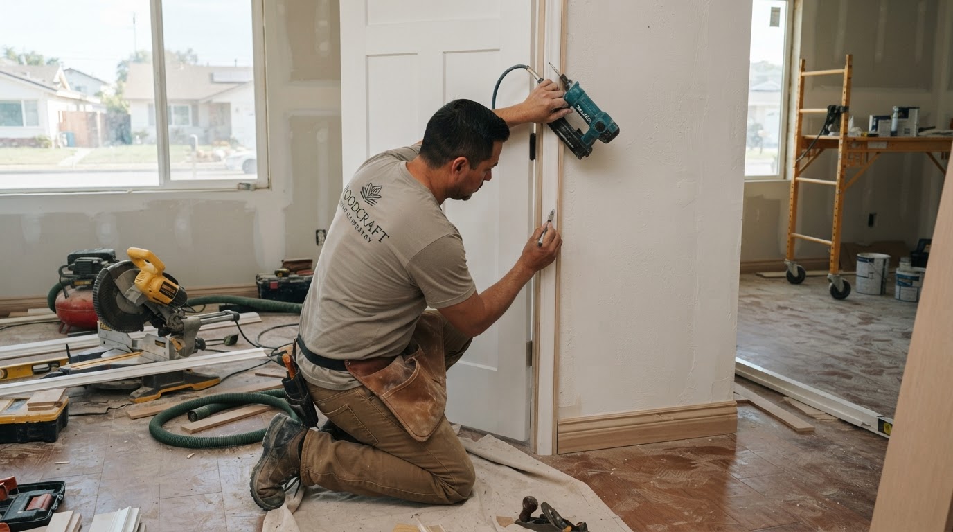 Finish carpenter installing door and window casing in a La Mirada area home remodel