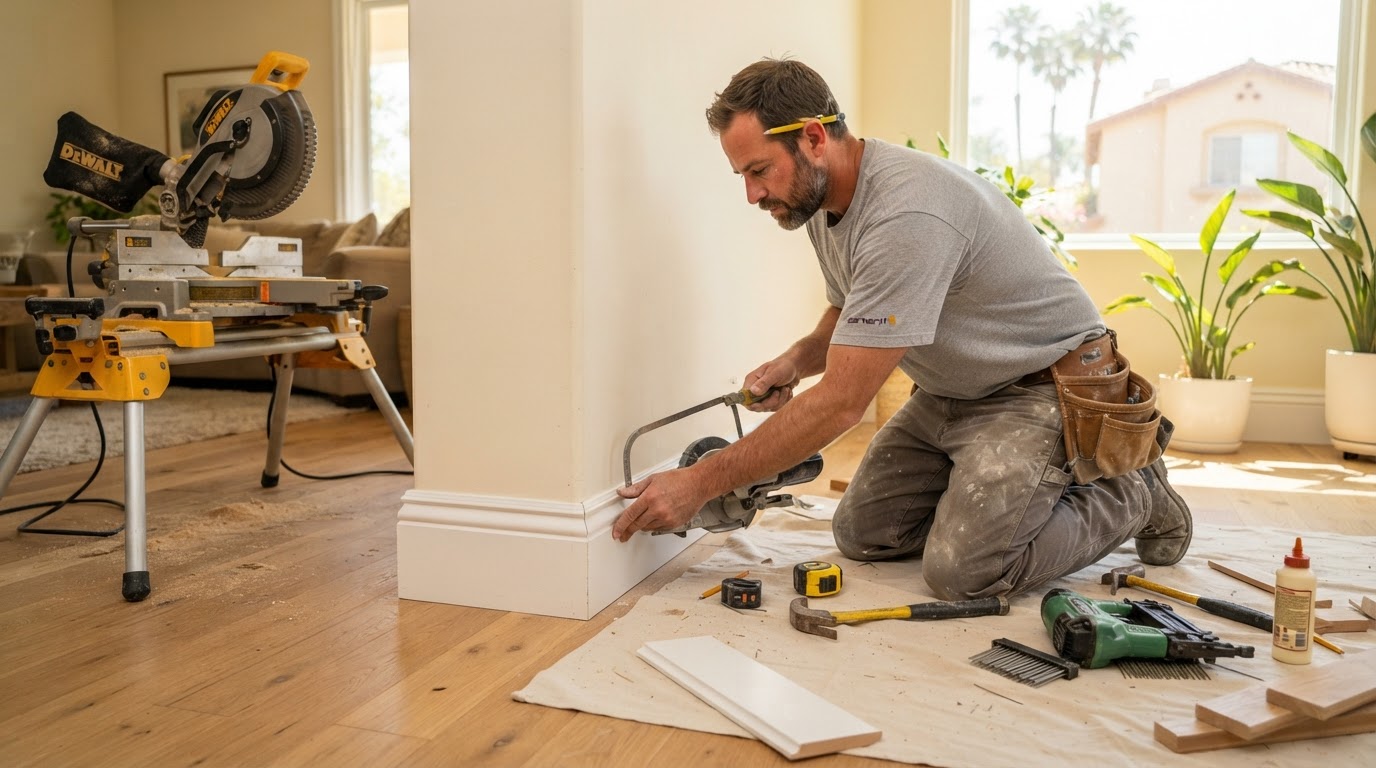 Carpenter installing new baseboard along a floor in a Southern California home, mitering an outside corner