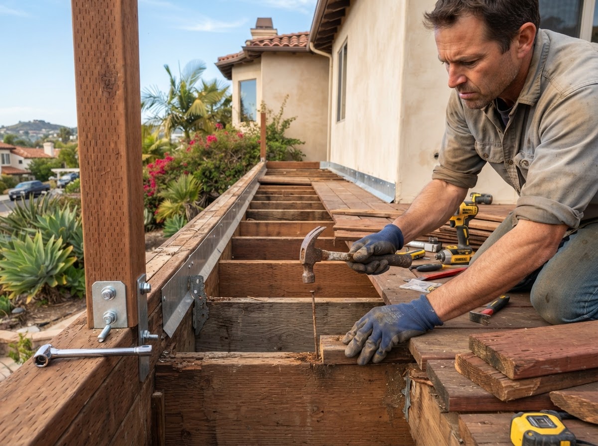 Deck repair removing rot-damaged boards to inspect joists, ledger, and flashing