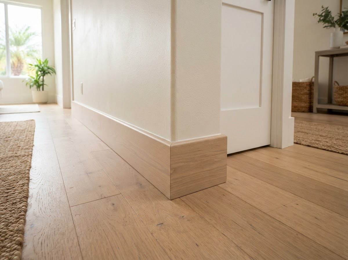 Finished baseboard installation with clean mitered outside corners in a Southern California interior