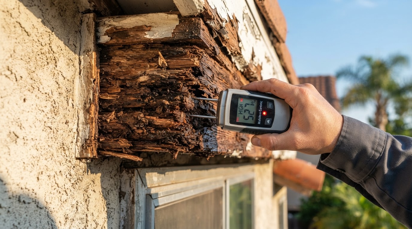 Carpenter fitting replacement trim with a finish nailer in a Pico Rivera area home