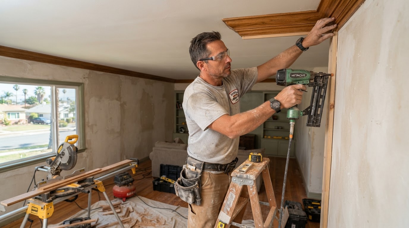Finish carpenter installing crown molding in a Norwalk, CA area home