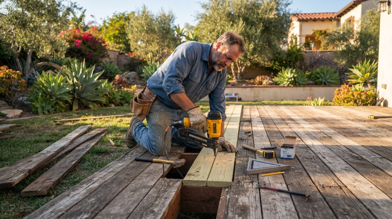 Carpenter repairing deck stairs with replacement treads and stringer reinforcement in a Southern California backyard