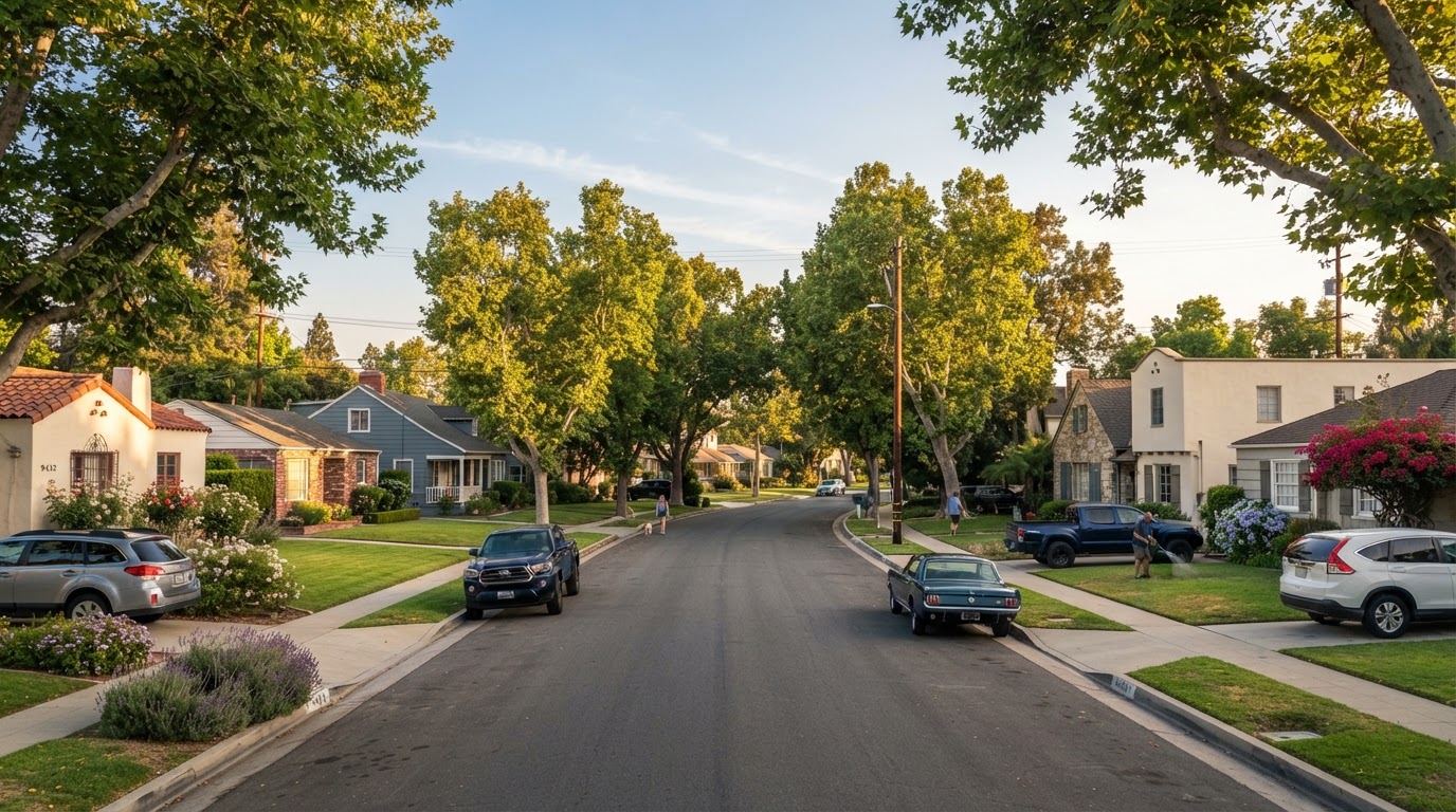 Established residential streetscape representative of Downey, California