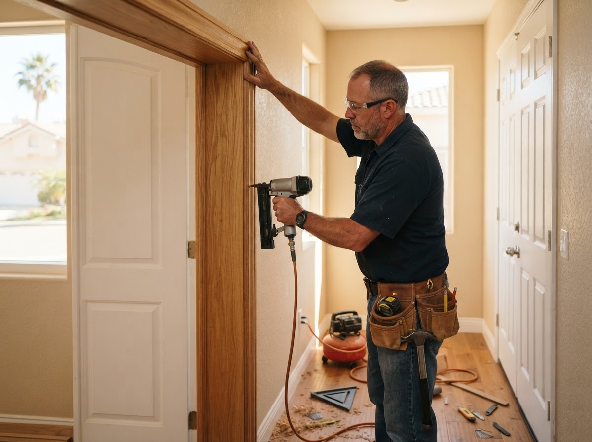 Finish carpenter fitting door casing around an interior opening with a pin nailer