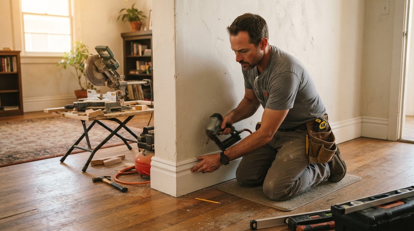 Carpenter fitting baseboards and shoe molding in a Norwalk, CA area home