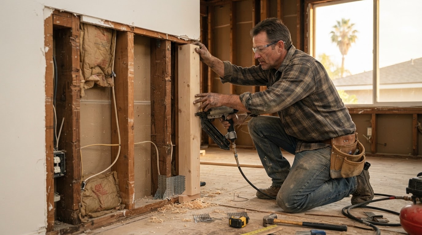 Carpenter repairing damaged wall framing and replacing a deteriorated stud in a Pico Rivera area home