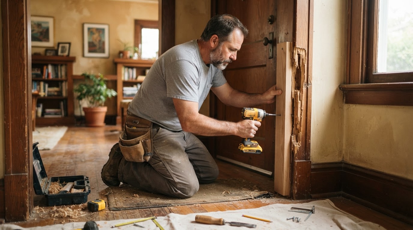 Carpenter repairing a damaged door jamb in a La Mirada area home