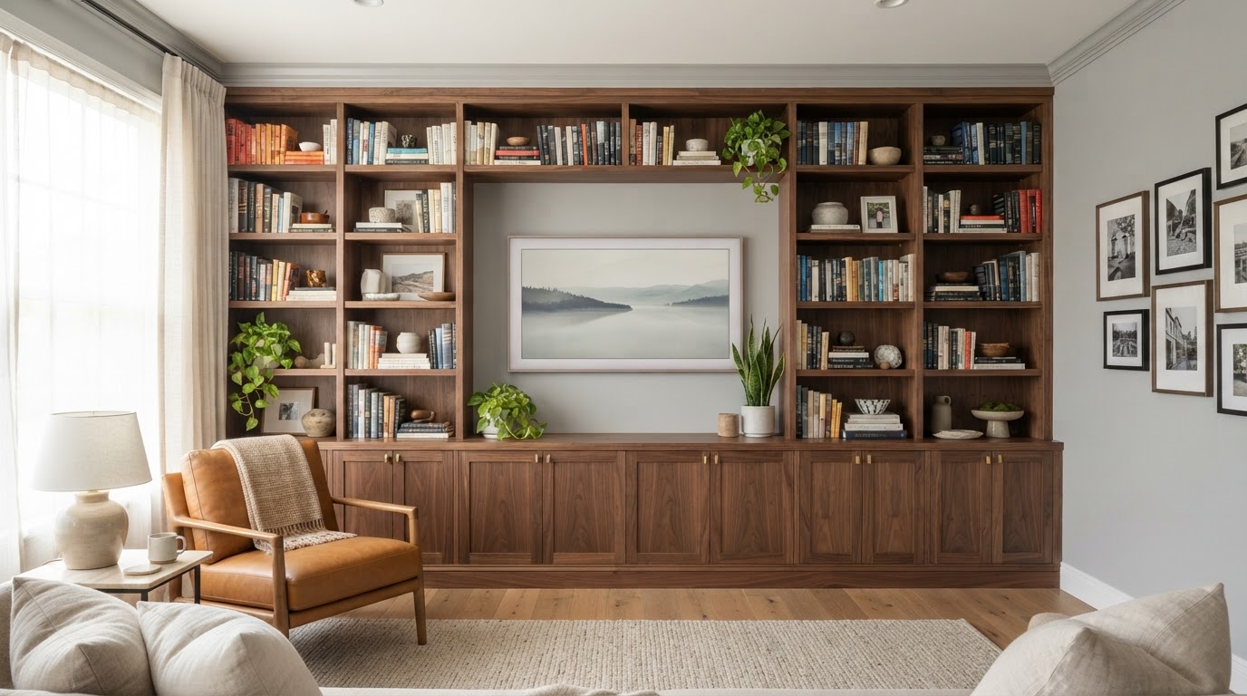 Custom built-in cabinets fitted to a Southern California living room