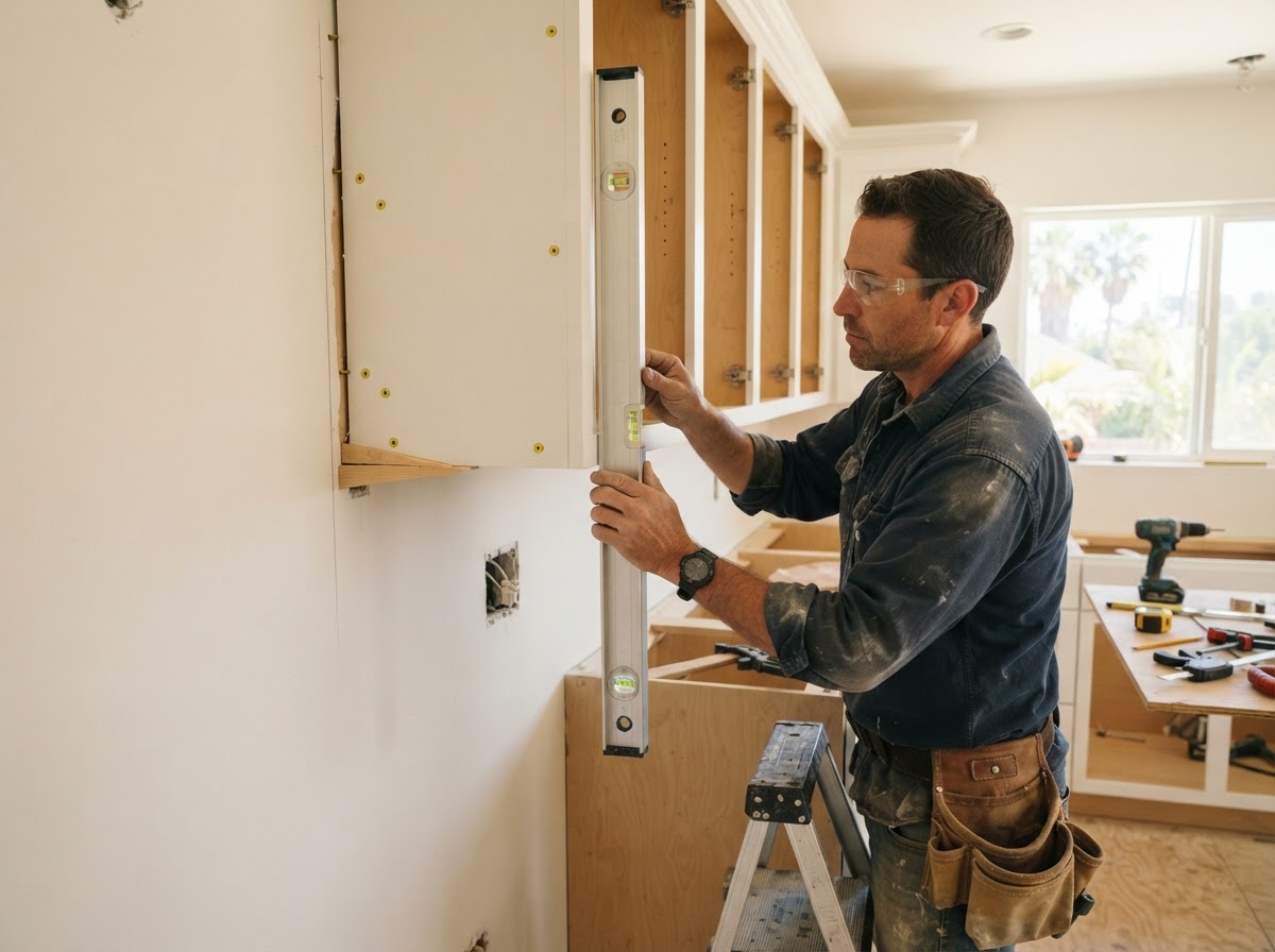 Carpenter leveling and aligning custom cabinets during installation