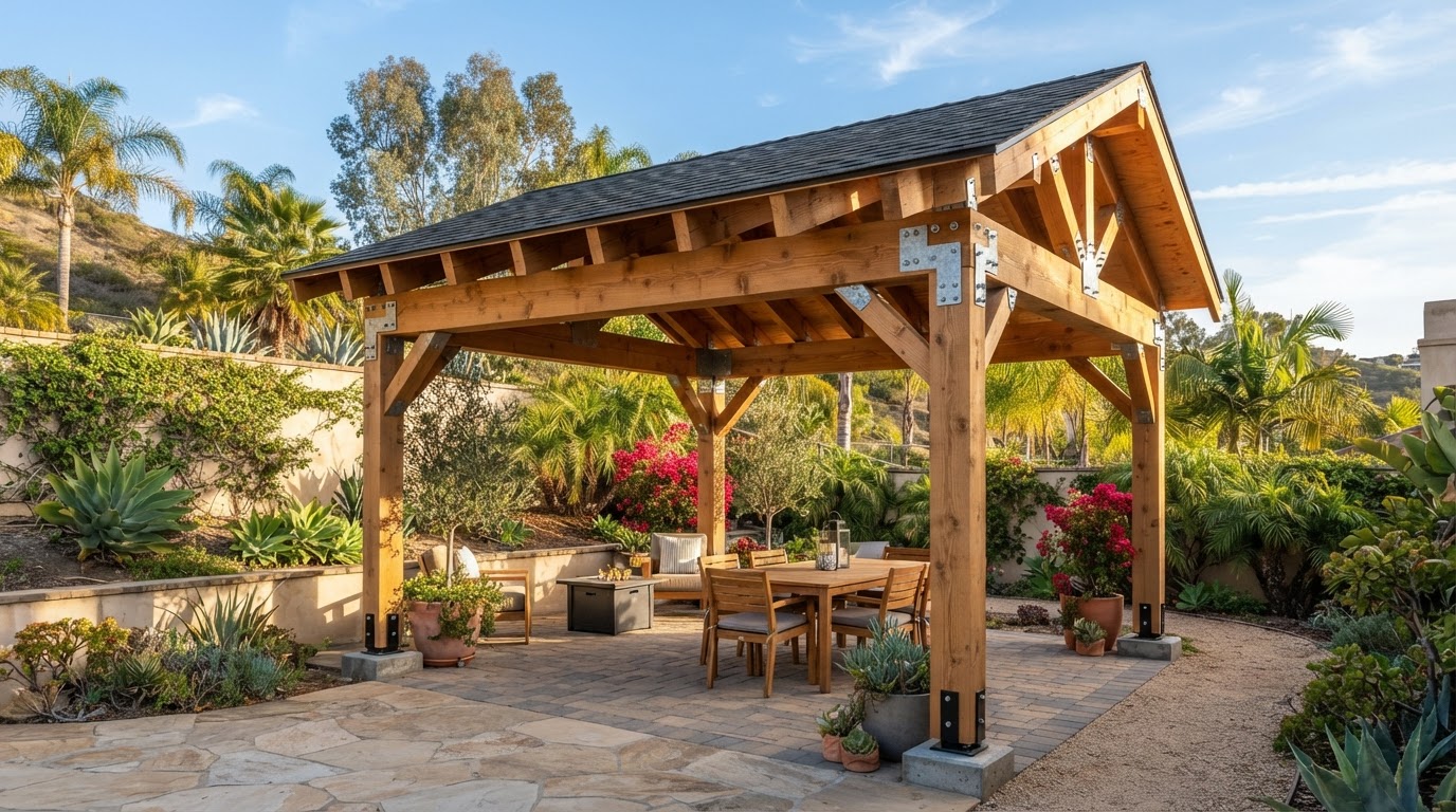 Freestanding wood patio structure with posts, beams, and rafters in a Southern California backyard
