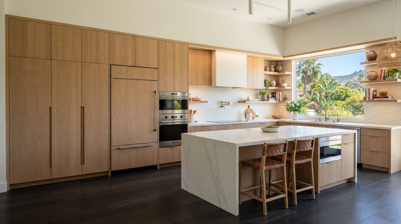Finished custom kitchen cabinetry fitted to a Southern California home