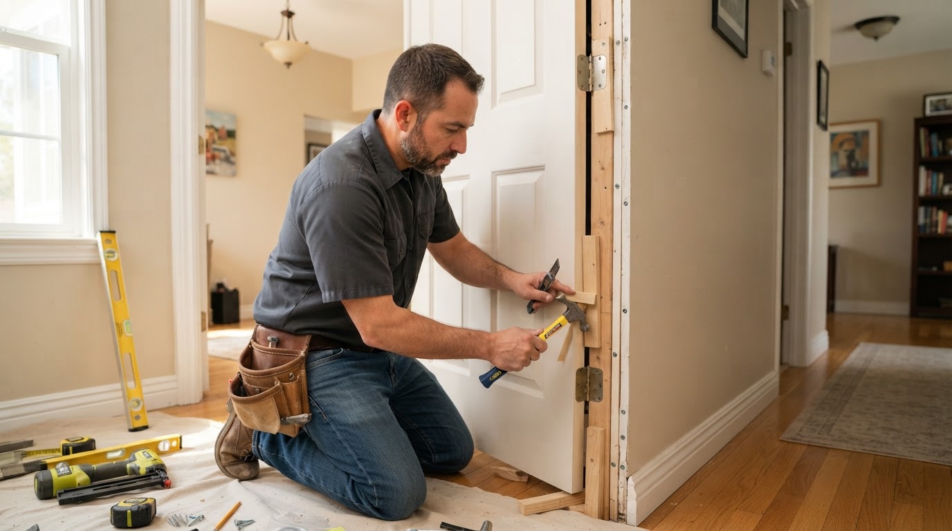 Carpenter installing an interior door in a Downey area home