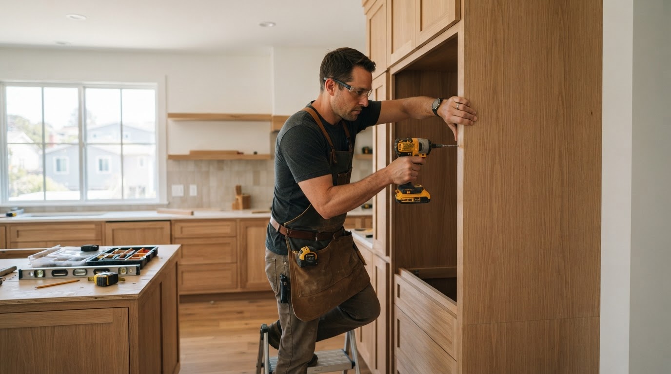 Carpenter completing custom woodwork in a Norwalk, California area home