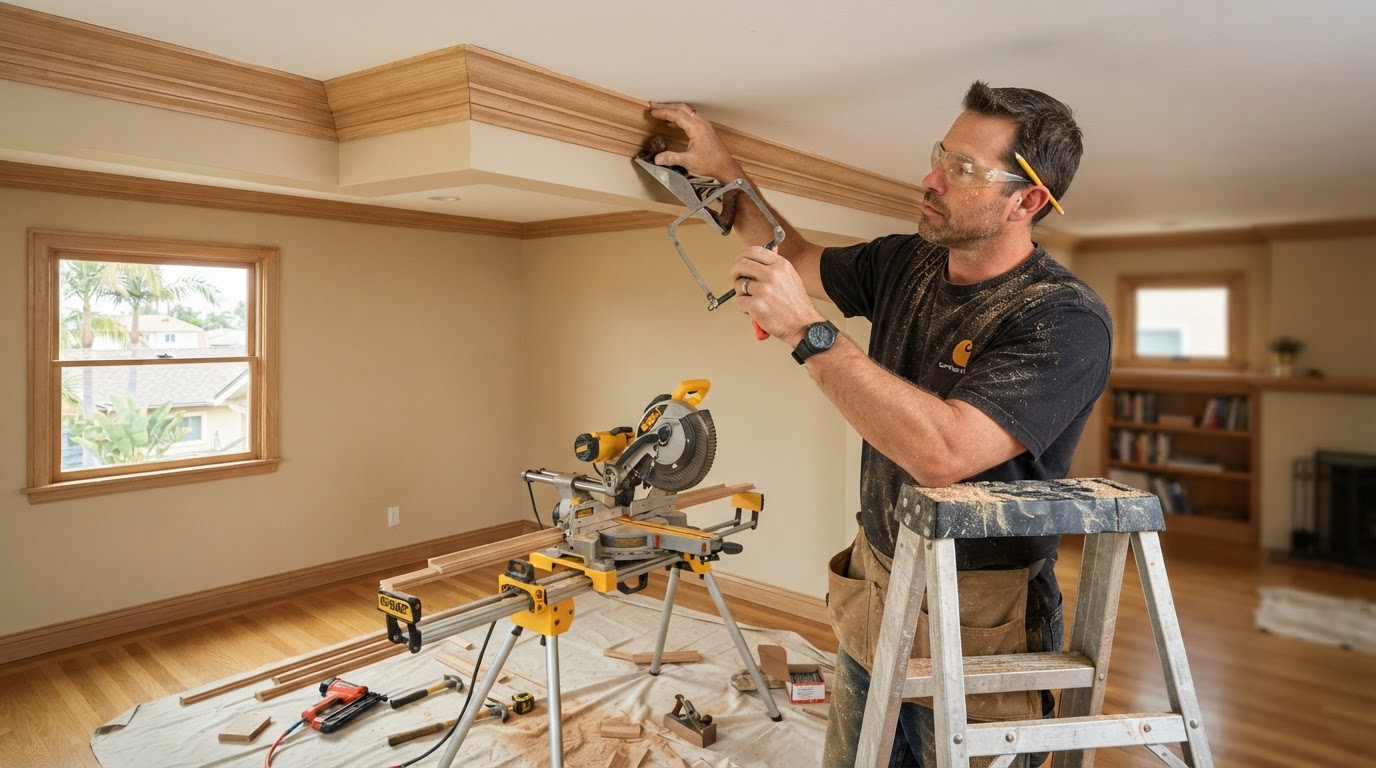 Finish carpenter fitting crown molding in a Norwalk, California area home