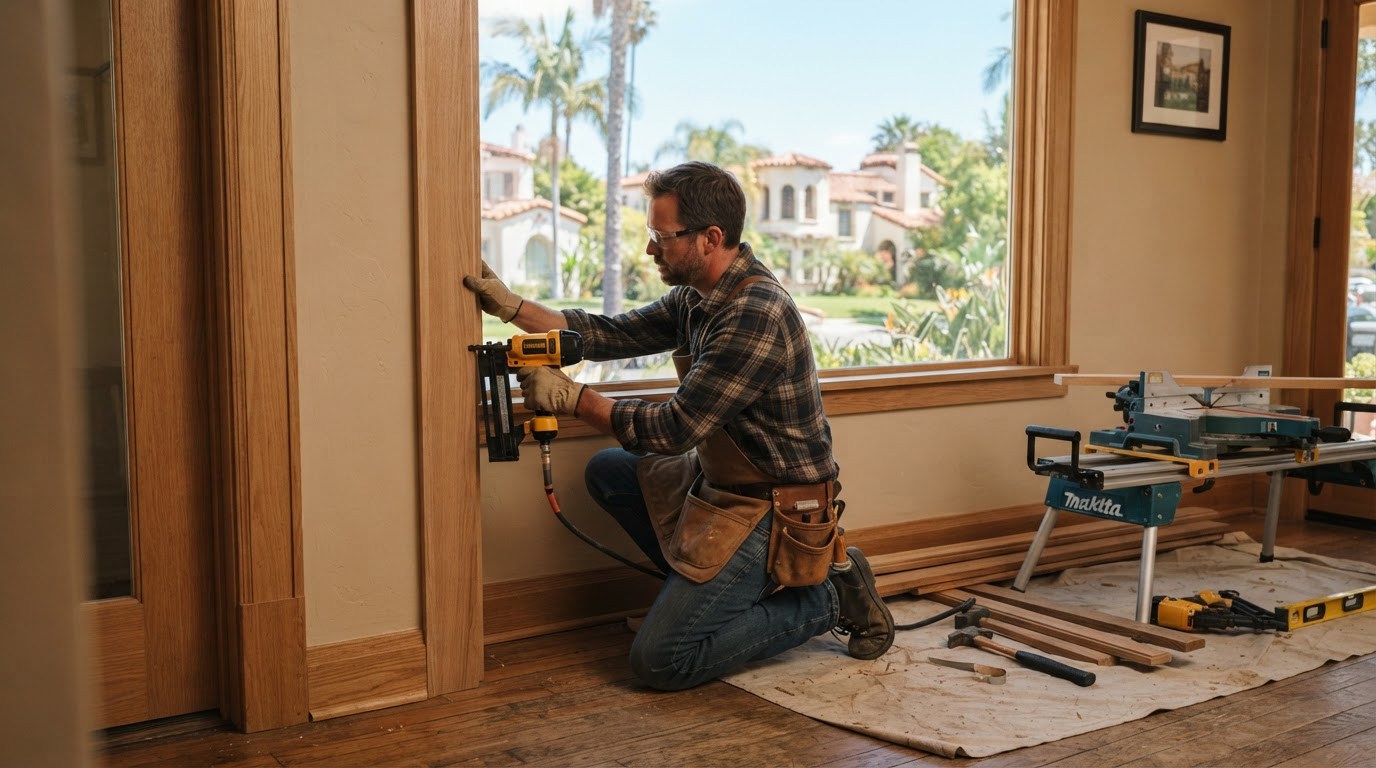 Finish carpenter installing door and window casing in a Norwalk, CA area home