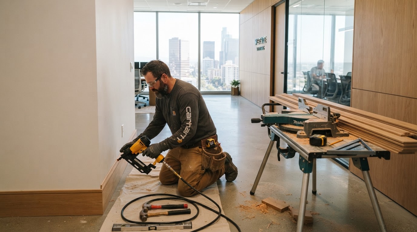 Commercial finish carpenter installing wood trim in a Los Angeles County office interior