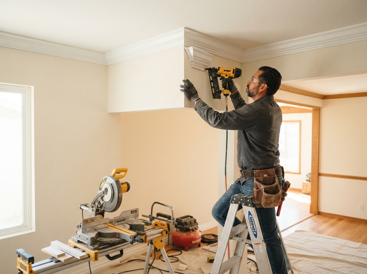 Finish carpenter installing crown molding in a Pico Rivera area interior