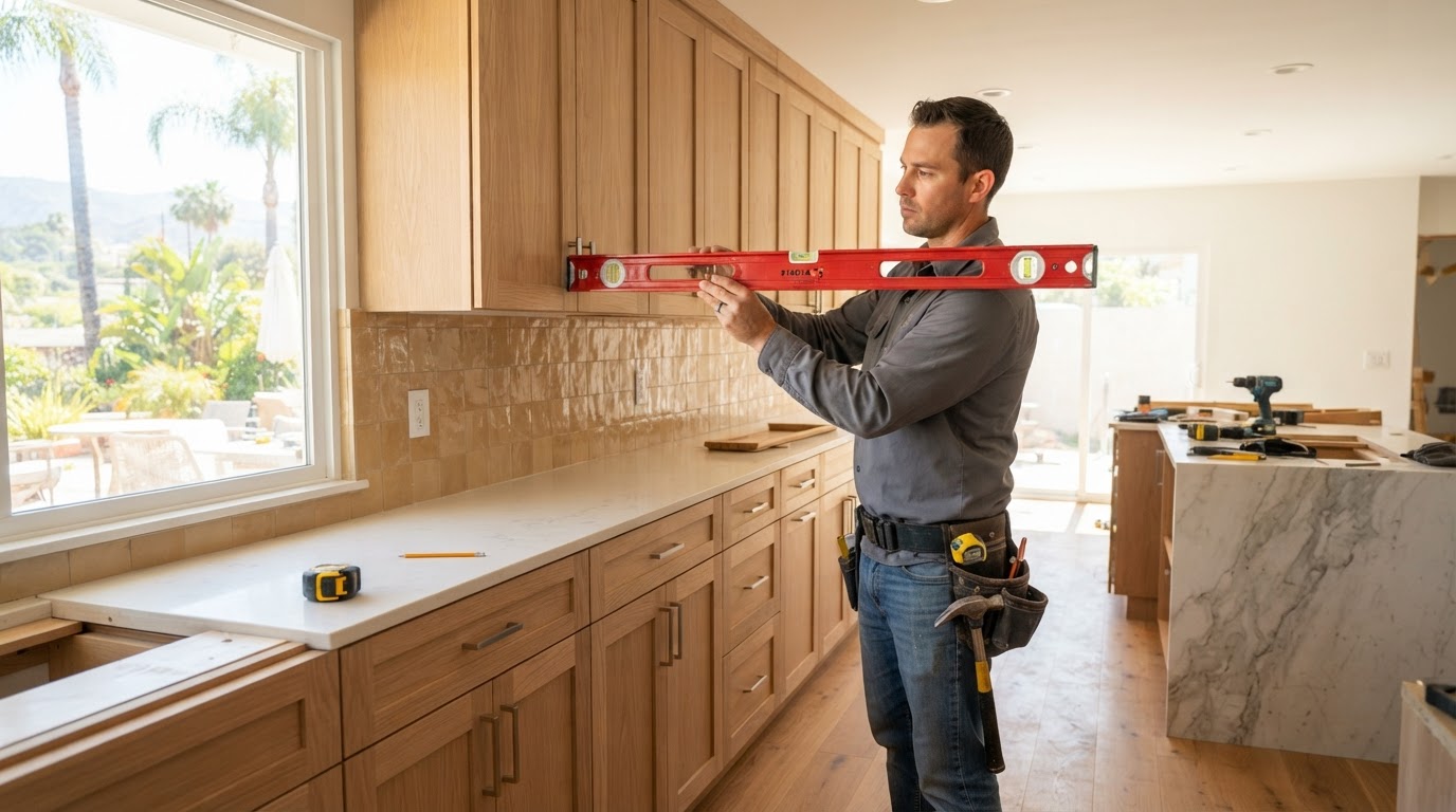 Carpenter checking cabinet or trim alignment with a level