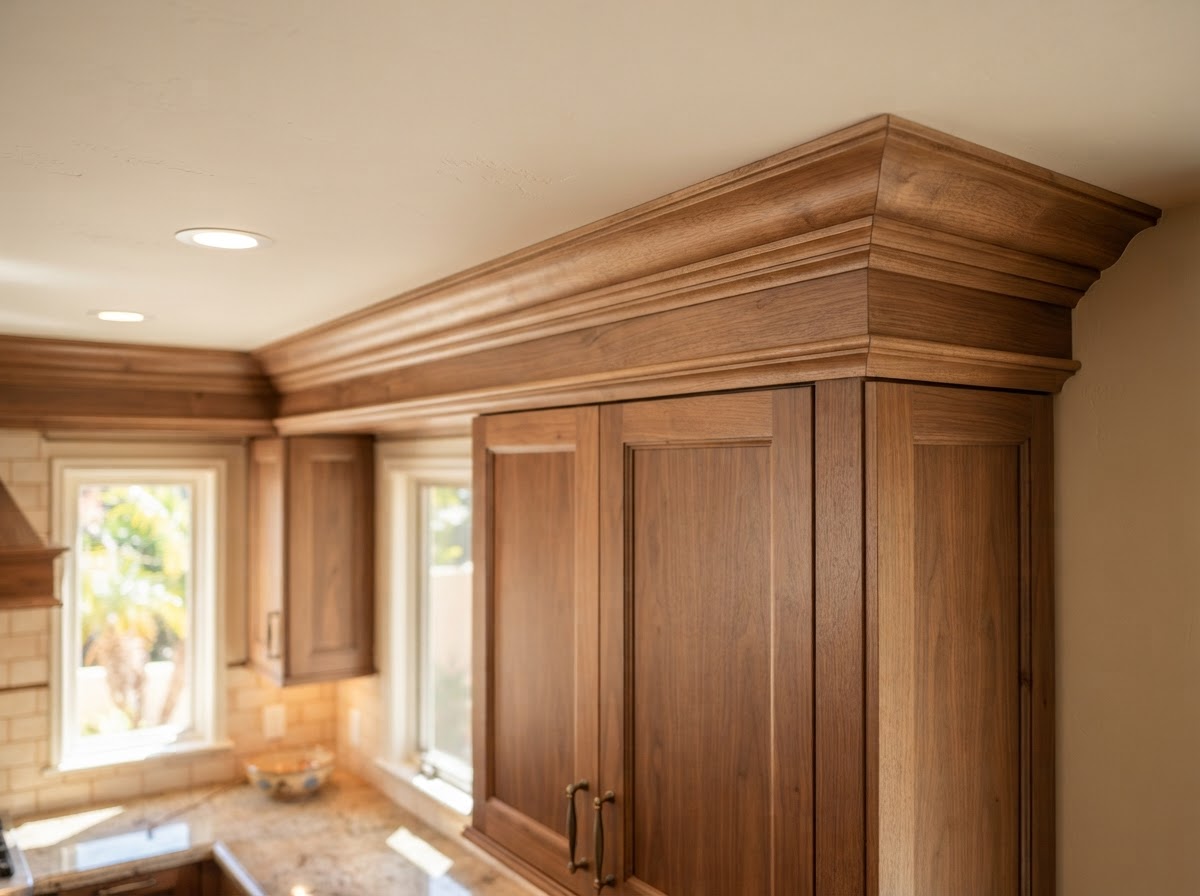 Crown molding installed around the top of kitchen cabinets in a Southern California home
