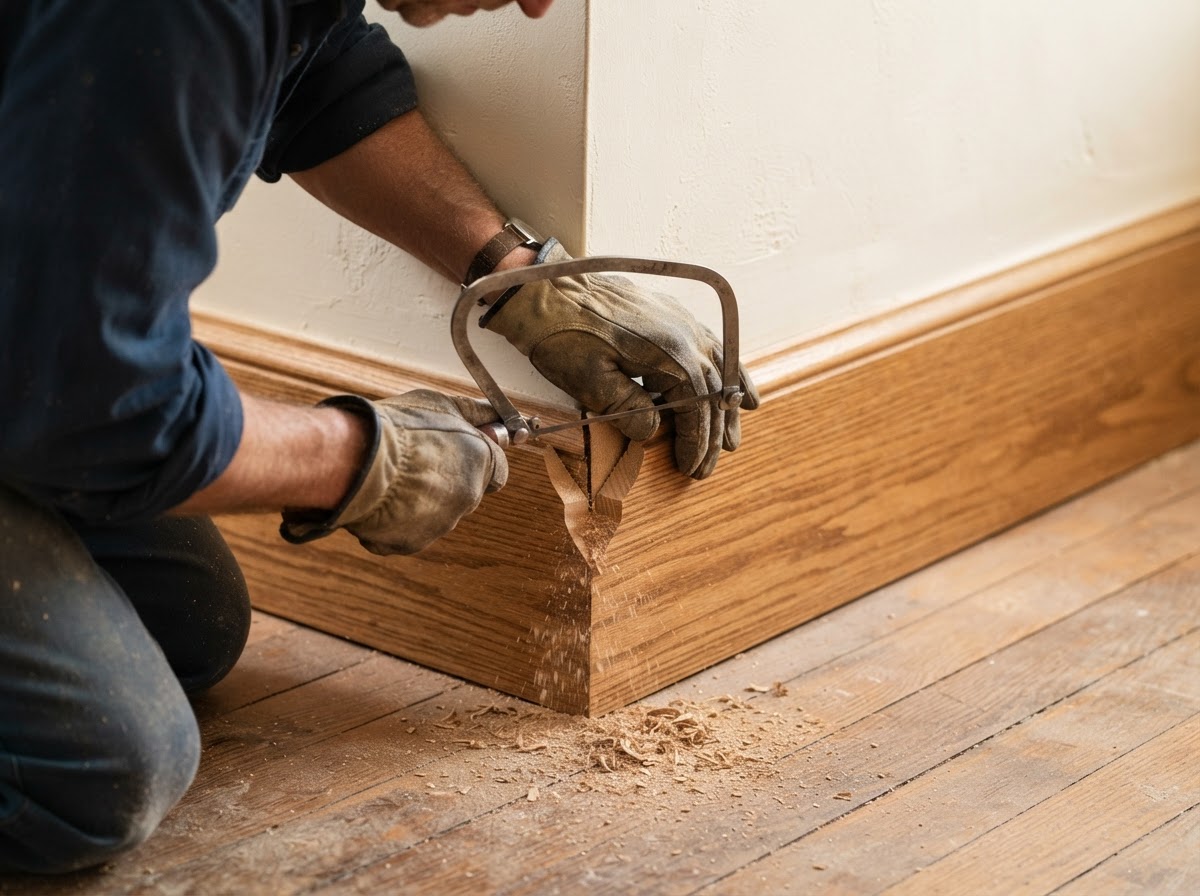 Finish carpenter coping an inside corner joint on baseboard trim