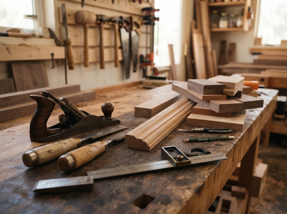 Close-up of carpentry tools and material fitting on a workbench